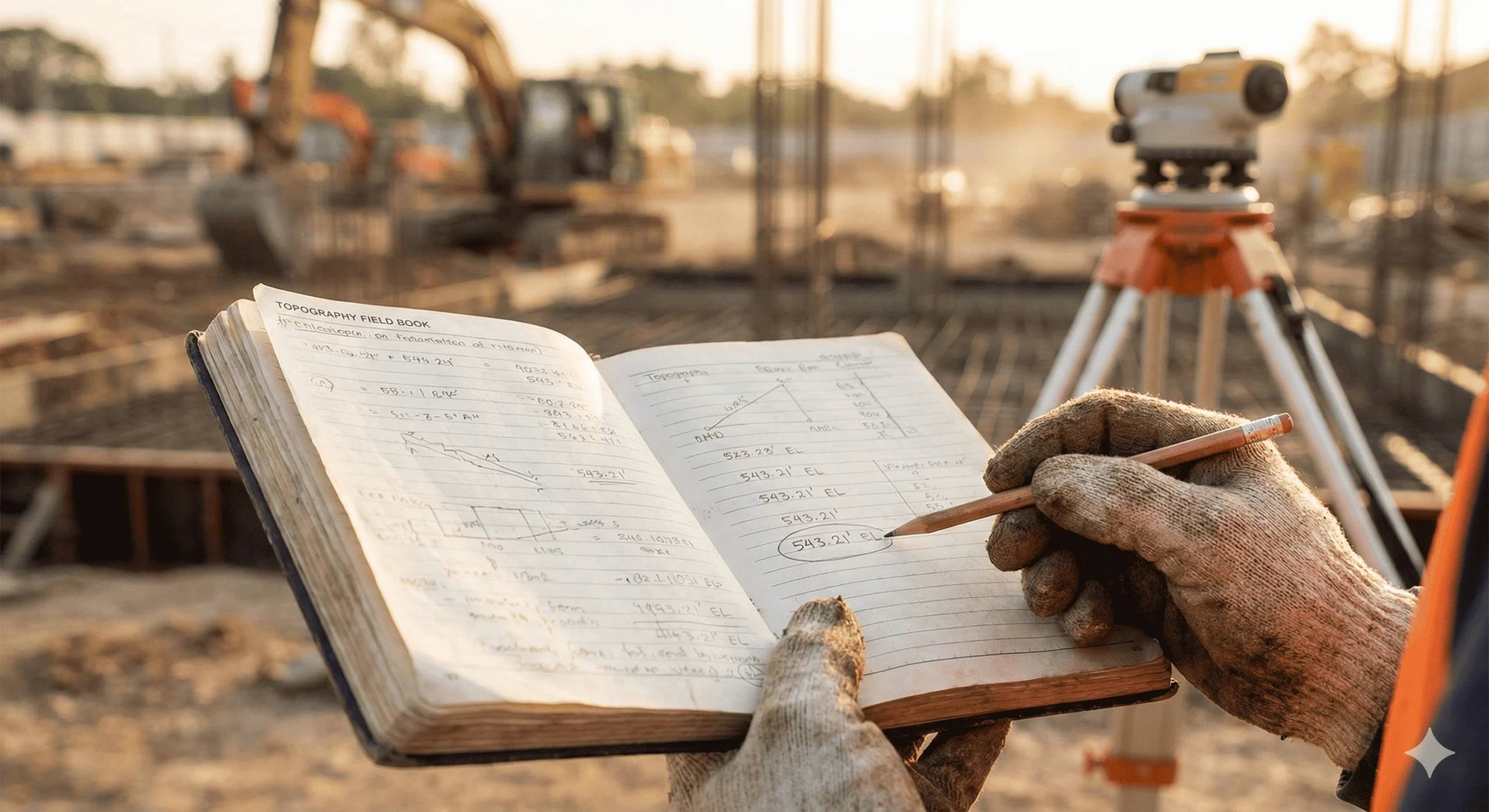 Primer plano de manos de un profesional de topografía realizando cálculos matemáticos en una libreta de campo para una nivelación compuesta, con un nivel óptico y maquinaria pesada en una obra de construcción activa al fondo.