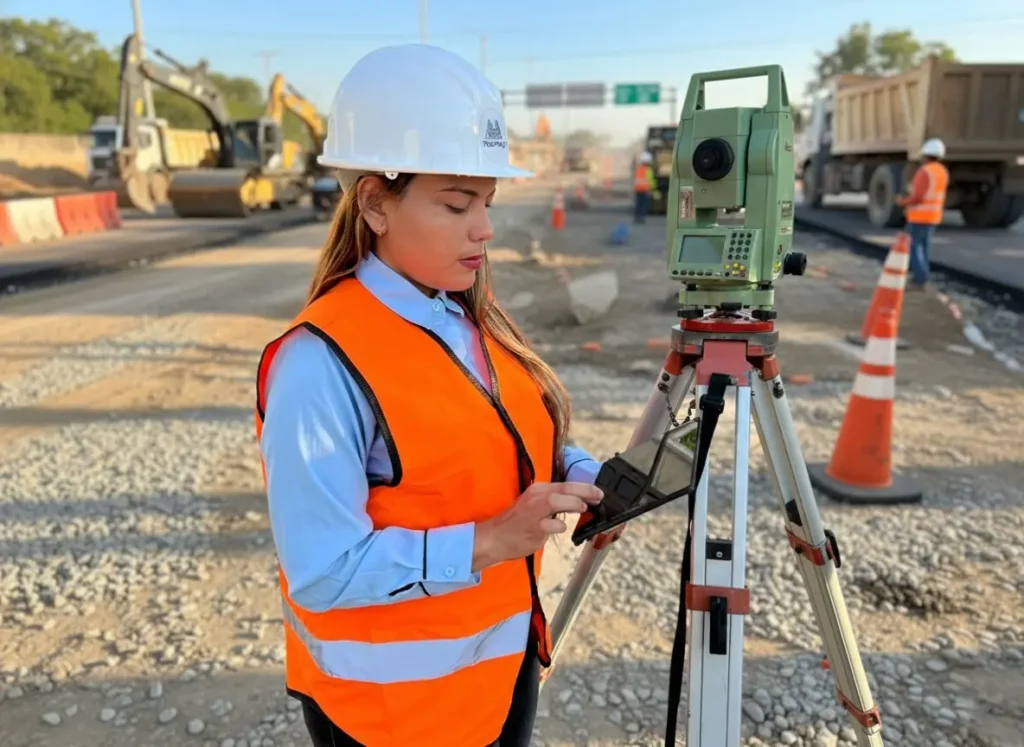 Ingeniera topógrafa realizando levantamiento topográfico urbano con estación total en proyecto de infraestructura vial